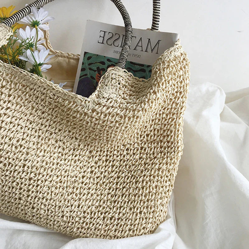 Beach Vintage Handmade Woven Shoulder Bag Raffia Rattan Shopping Bags Bohemian Ladies Summer Travel Vacation Casual Totes