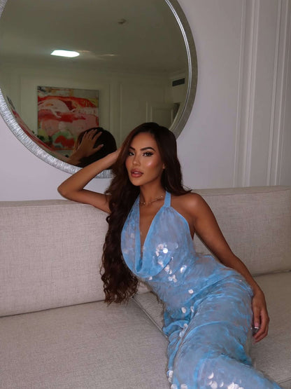 Melody | Iridescent sequin drape | halter maxi dress
