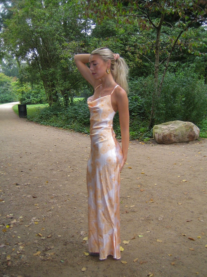 Charline satijnen jurk - Wit/oranje