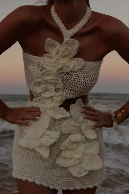 Margaret | Halter Knit Floral Mini Dress