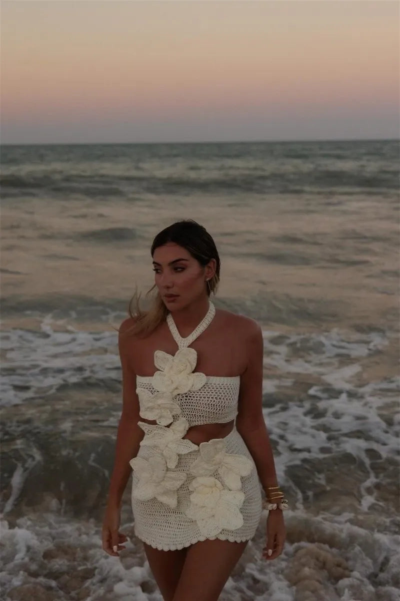 Margaret | Halter Knit Floral Mini Dress